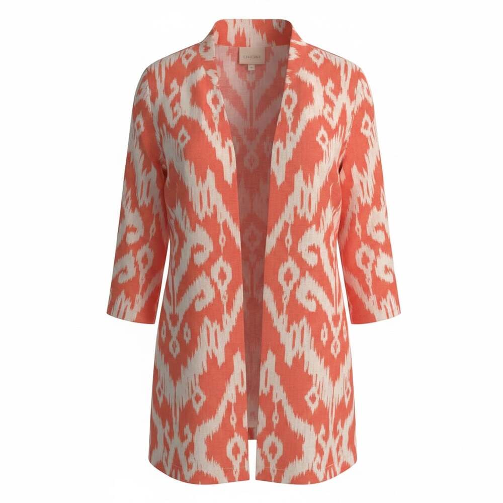 Chico's 100% Linen Ikat Open Front Topper Jacket Coral Size 2